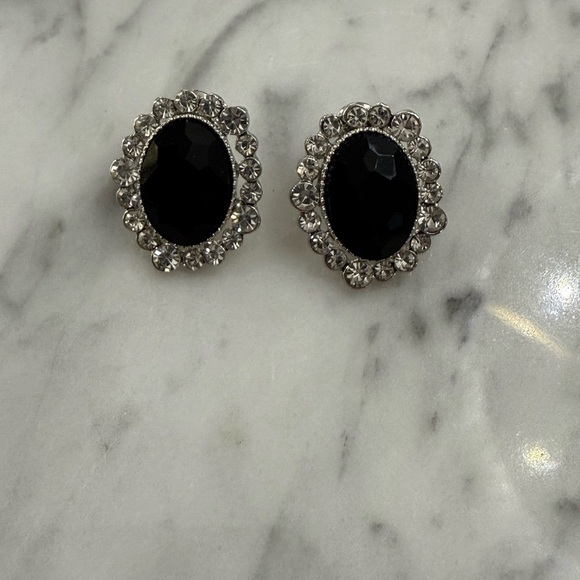 Vintage Style Black Faceted Stone & Clear Rhinestone Crystal Earrings Statement - Picture 5 of 7